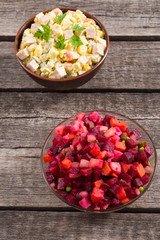 Traditional Russian salad olivier andvinaigrette