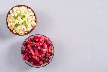 Traditional Russian salad olivier andvinaigrette