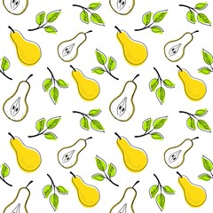 Obraz premium Seamless pear fruit and leaves hand drawn pattern vector illustration isolated on white background. Fruit print, textile pattern or wallpaper with cute elements.