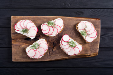 Healthy vegetable toasts sandwith with radish and dill