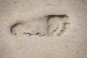 A single footprint in the sand waiting for the tide to wash it away.