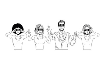 group of people with virtual reality headset black and white