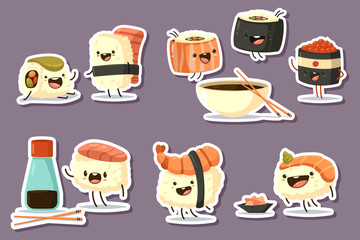Cute sushi character set. Vector cartoon japanese food illustration with different emotions isolated on background.