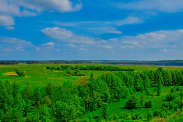 Fototapeta na wymiar green fields and forests against a blue sky with clouds
