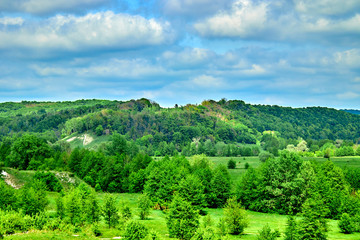 Obraz premium green fields and forests against a blue sky with clouds