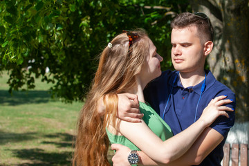 Love emotion. Couple at nature. Spring season.