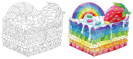 Vector piece of cake with with rainbow and strawberry
