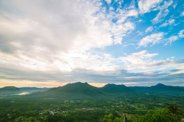 Fototapeta premium Mountain morning sunrise sky cloud with fog