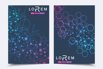 Business templates brochure, magazine, leaflet , flyer, cover, booklet, annual report. Scientific concept for medical, technology, chemistry. Hexagonal molecule structure. Dna, atom, neurons