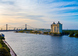 View of the Sydney Lanier bridge on the Savannah River with local architecture
