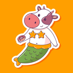 Cute mermaid cow with donut vector cartoon animal character isolated on a white background.