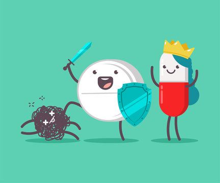 Medical tablet knight, pill princess and virus vector cartoon cute characters isolated on background.