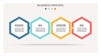 Business infographics. Timeline with 4 steps, options, hexagons. Vector template.