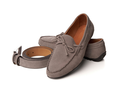 Beige suede men's moccasins shoes with a belt