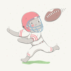 Lovely cute rhino dressed like American Football player with ball in field. Young dressed rhino.