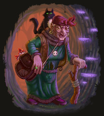 Fototapeta premium Baba Yaga and her cat in cave with mushrooms