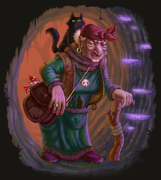 Baba Yaga and her cat in cave with mushrooms