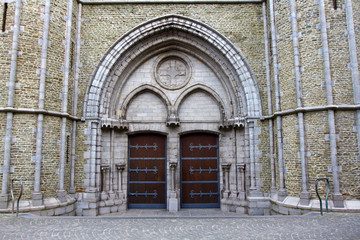 Closeup of a facade of Church of Our Lady in Brugge, Belgium.