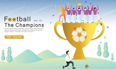 Football The Champions flat vector illustration concept. the team wins the championship, the coach and the player lift the gold cup. natural landscape background. for landing page, web, flyer, banner.