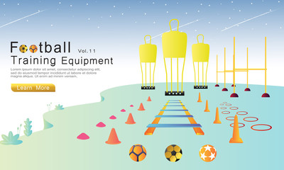 Football training equipment set flat cartoon vector illustration concept. soccer wall, ball, circle, cone, hurdles, agility ladder, mini cone, soccer barrier. used for landing page, web, banners