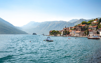 Perast, Montenegro - August 2010 - Sight on old Perast town from sea Boka Kotorska bay