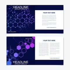 Scientific templates square brochure, magazine, leaflet , flyer, cover, booklet, annual report. Scientific concept for medical, technology, chemistry. Structure molecule and communication. Dna, atom.