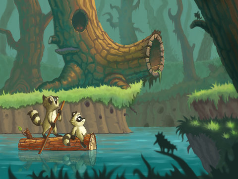 Raccoons swim in the forest river