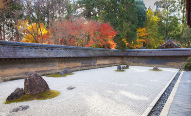 Rock garden and colorful maple trees in Kyoto, Japan