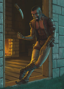 Evil robber with dagger robbed a house