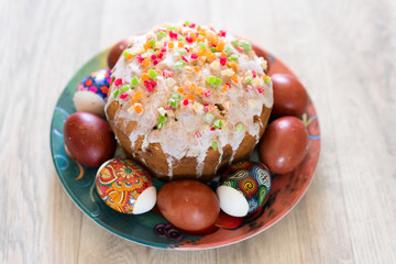 Easter cake and painted eggs.