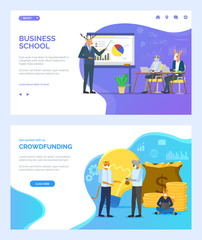 Business school vector, crowdfunding hipster animals at work, whiteboard with information and infographics to learn. Deer and kangaroo, koala website or webpage template, landing page flat style