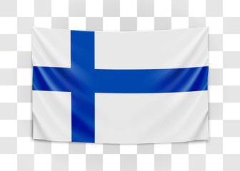 Hanging flag of Finland. Republic of Finland. National flag concept.