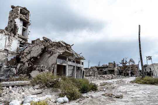 City of Aleppo and destroyed building in Syria 2019
