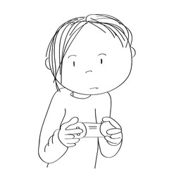 Teenage boy playing video games on game console, holding joystick, being very concentrated. Original hand drawn cartoon illustration.