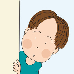 Little surprised boy peeping out from behind the wall, corner or blank paper. Original hand drawn cartoon illustration.