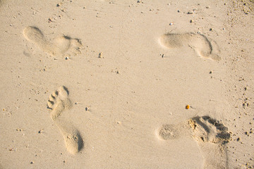 Footprints in the sand beautiful sand beach In the morning