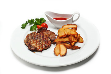 Served side dish on a white plate. Close-up. Isolated