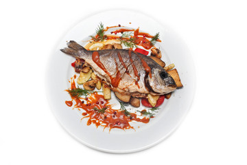 Served side dish on a white plate. Close-up. Isolated