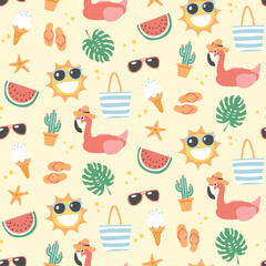 Summer pattern - seamless background design with inflatable flamingo, cactus, watermelon, starfish, palm leaf and other summer themed elements