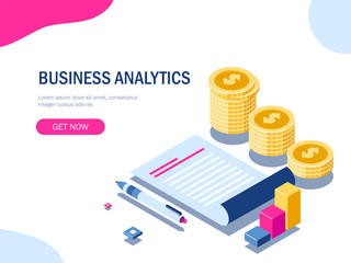 Business Analytics and Coins Stack Isometric Concept.
