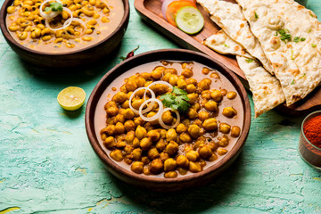 Chole / chilly with Black Eyed Kidney Beans Curry, served with Rice and Naan