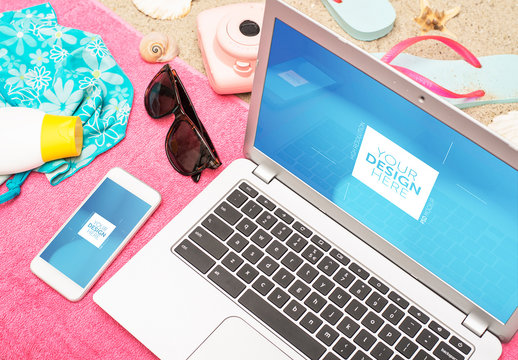 Smartphone and Laptop on Beach Mockup