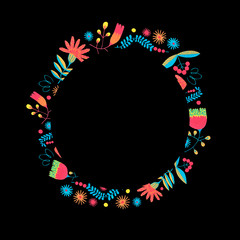 Folk floral border in minimal style with gouache flower elements on black background. Floral frame for wedding card with flower design. Herbal invitation Scandinavian style.