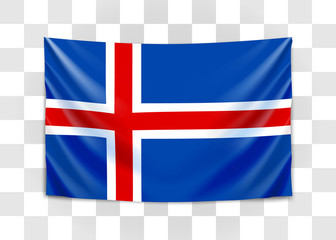 Fototapeta premium Hanging flag of Iceland. Kingdom of Iceland. National flag concept.