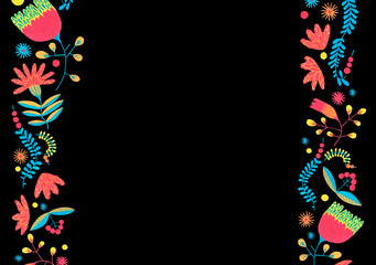 Fototapeta premium Folk floral border in minimal style with gouache flower elements on black background. Floral frame for wedding card with flower design. Herbal invitation Scandinavian style.