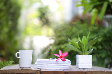 white coffee cup with plant small pot and notebooks with flowers