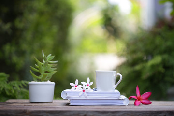 white coffee cup with plant small pot and notebooks with flowers