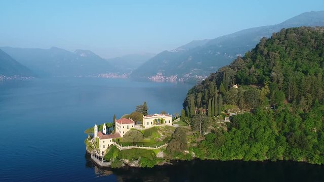 Villa Balbianello, lake of Como in Italy. Aerial view with drone