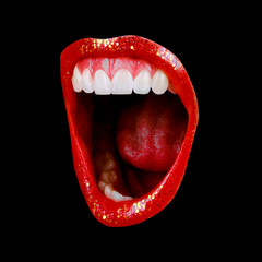 Emotional sexy bright red lips of the female mouth. The passion of a female open mouth is seductive with lipstick. The image of the magazine lips of a girl on a black image. Red with open mouth.