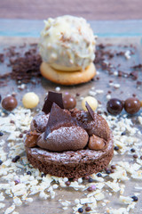Belgian chocolate cake on brownie cream and white chocolate rocher